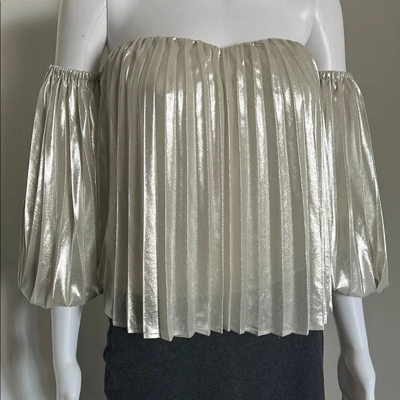 Express, Women’s Size M Metallic Pleated Elegant Off-Shoulder Ballon Top - Picture 2 of 7